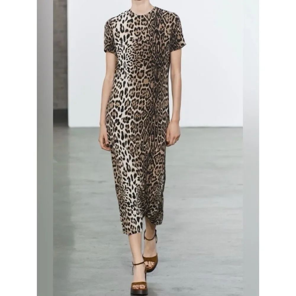 Zara Leopard Print Short Sleeve Midi Dress - Brown/Black Size M NWT